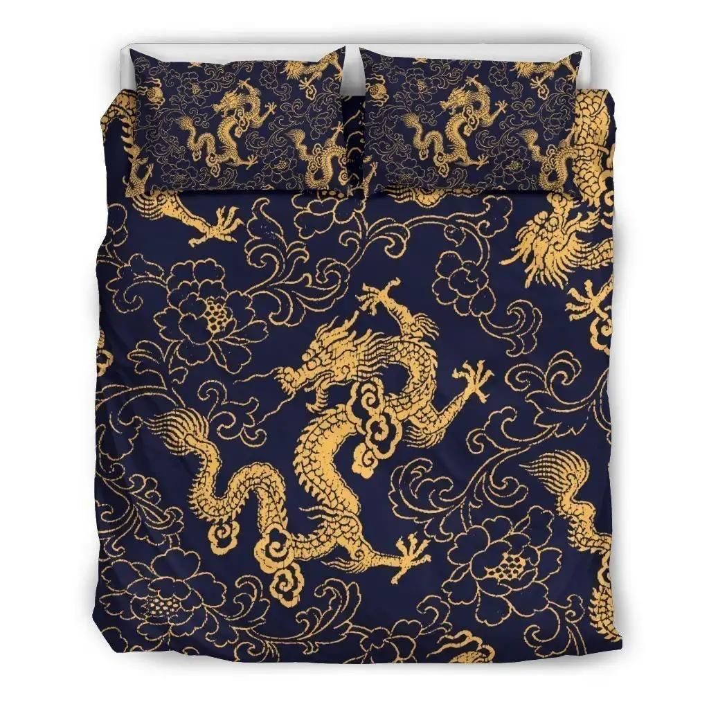 Gold Japanese Dragon Pattern Print Duvet Cover Bedding Set