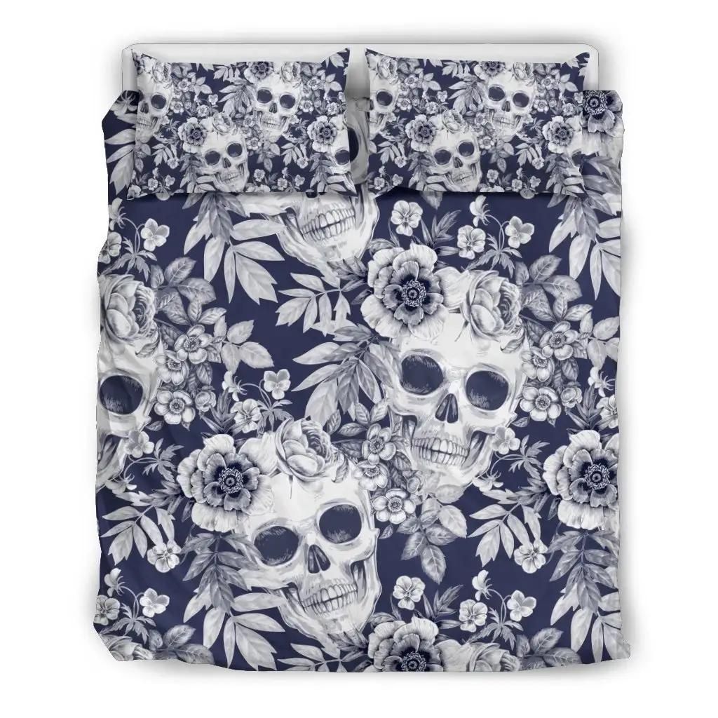 White Blue Skull Floral Pattern Print Duvet Cover Bedding Set