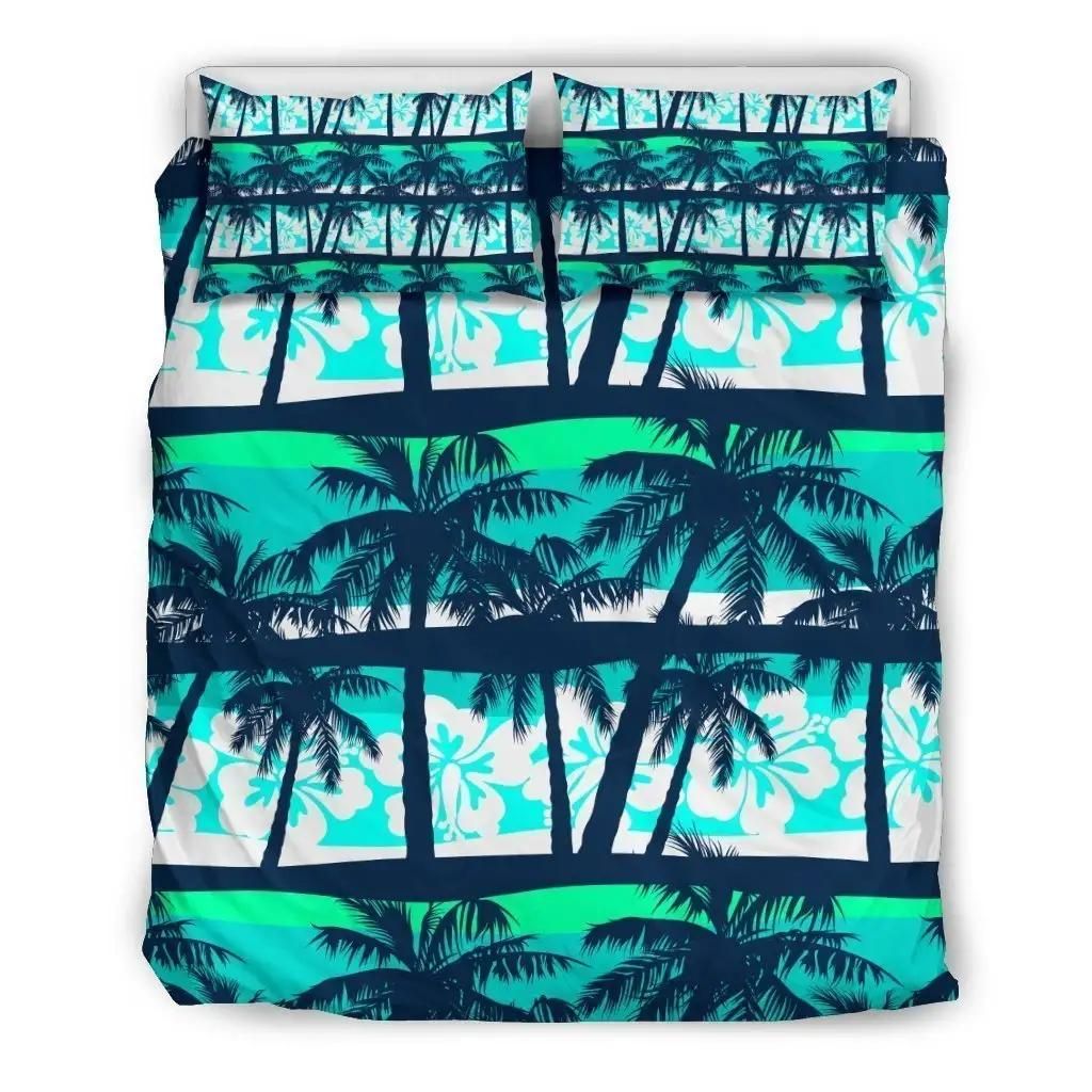 Blue Hibiscus Palm Tree Pattern Print Duvet Cover Bedding Set