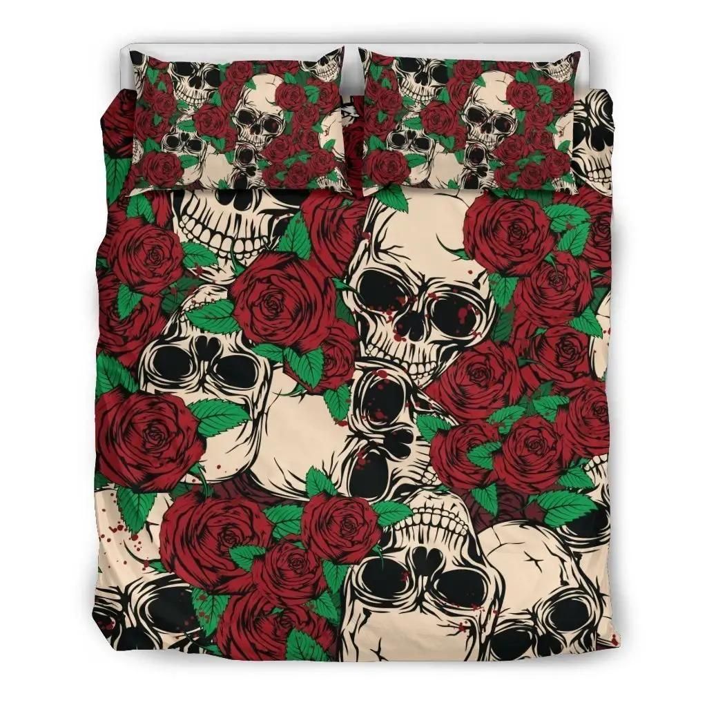 Red Rose Skull Pattern Print Duvet Cover Bedding Set