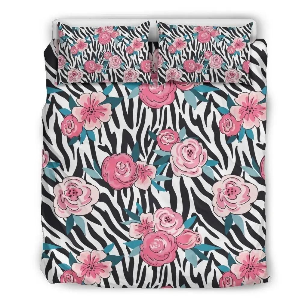 Black White Zebra Floral Pattern Print Duvet Cover Bedding Set