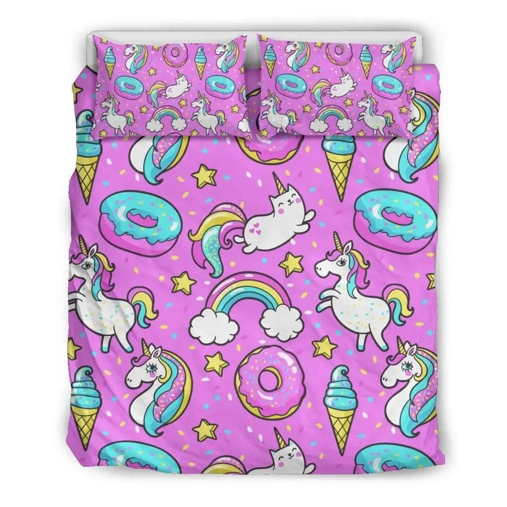 Pink Girly Unicorn Donut Pattern Print Duvet Cover Bedding Set
