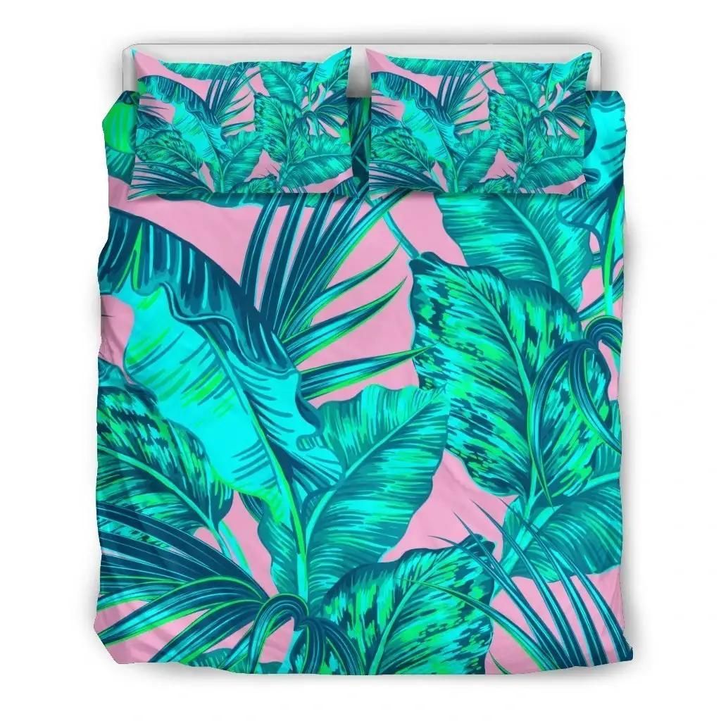 Pink Teal Tropical Leaf Pattern Print Duvet Cover Bedding Set