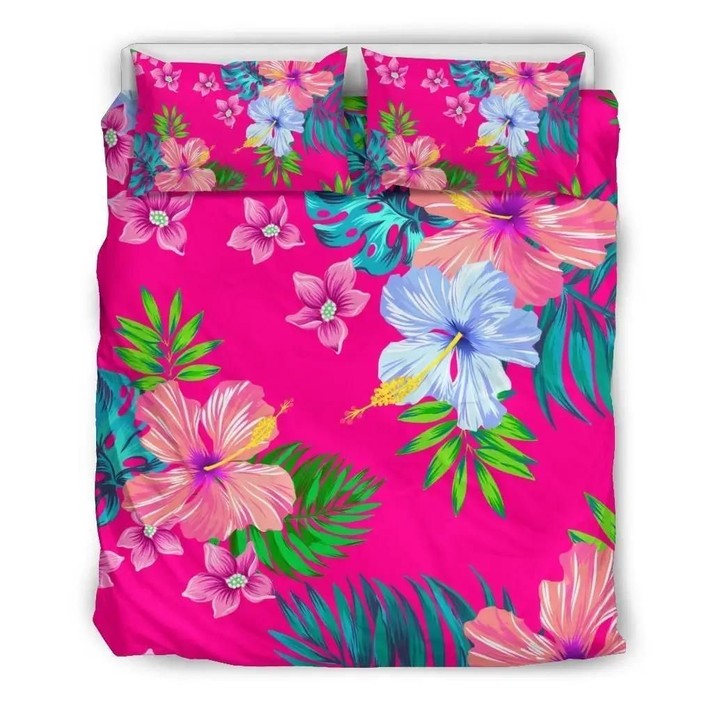 Hot Pink Aloha Hibiscus Pattern Print Duvet Cover Bedding Set