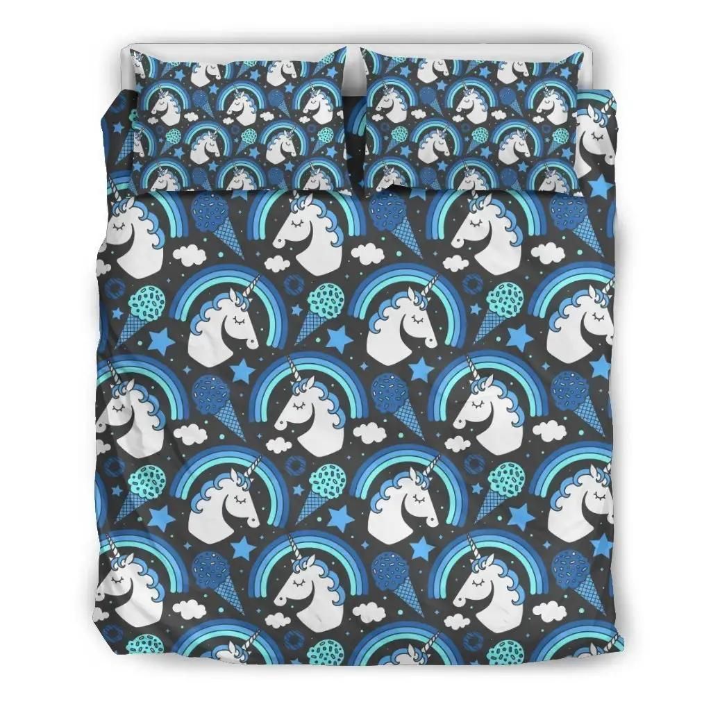 Blue Rainbow Unicorn Pattern Print Duvet Cover Bedding Set