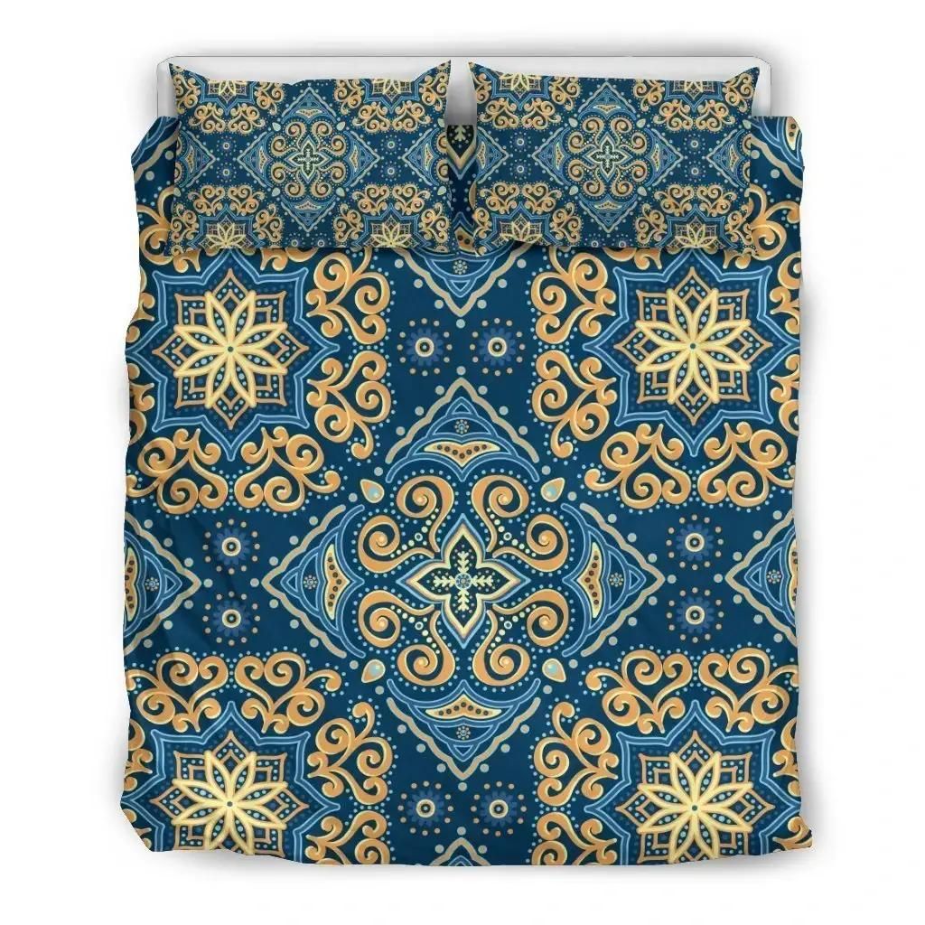 Blue And Gold Bohemian Mandala Print Duvet Cover Bedding Set