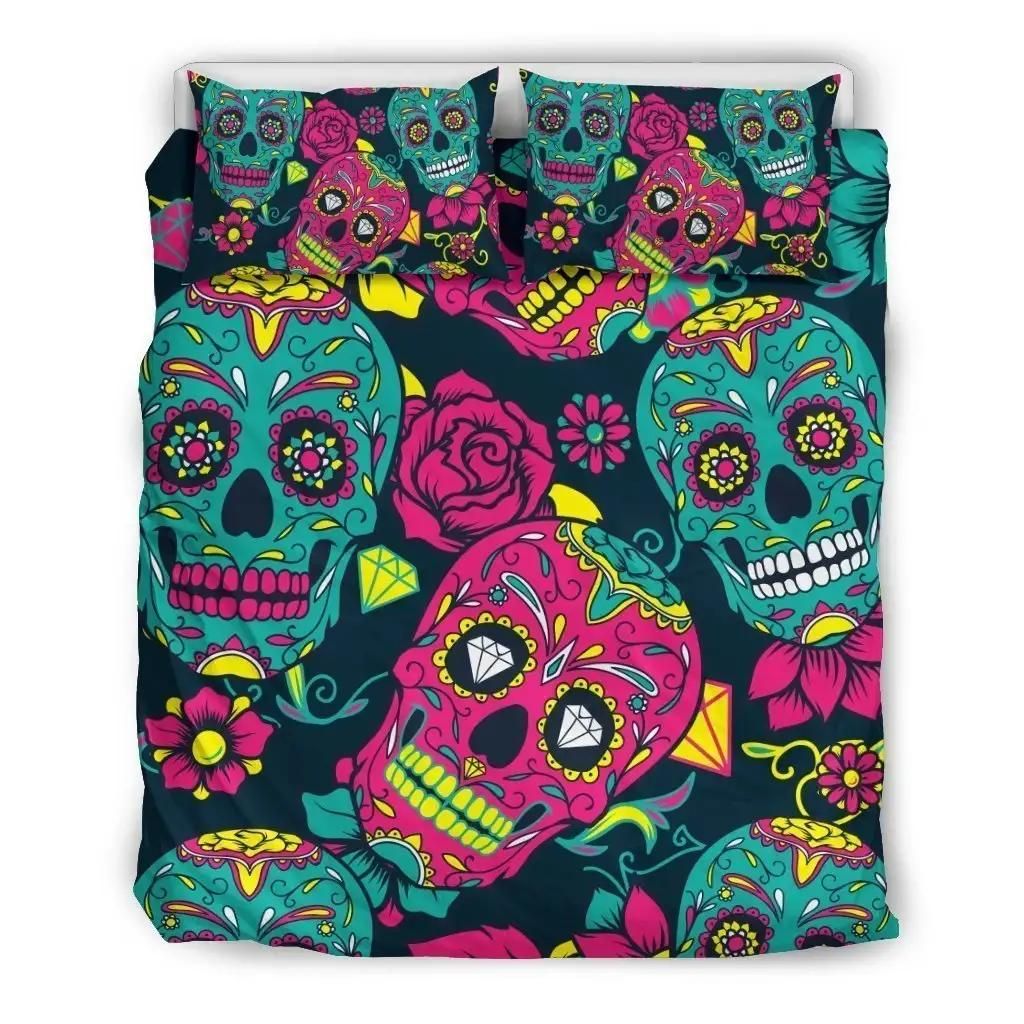 Teal Pink Sugar Skull Pattern Print Duvet Cover Bedding Set