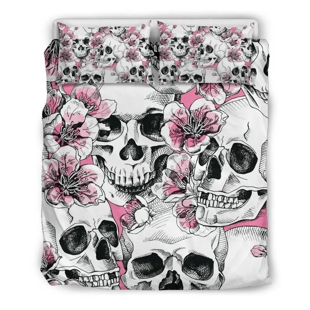 Pink Flowers Skull Pattern Print Duvet Cover Bedding Set