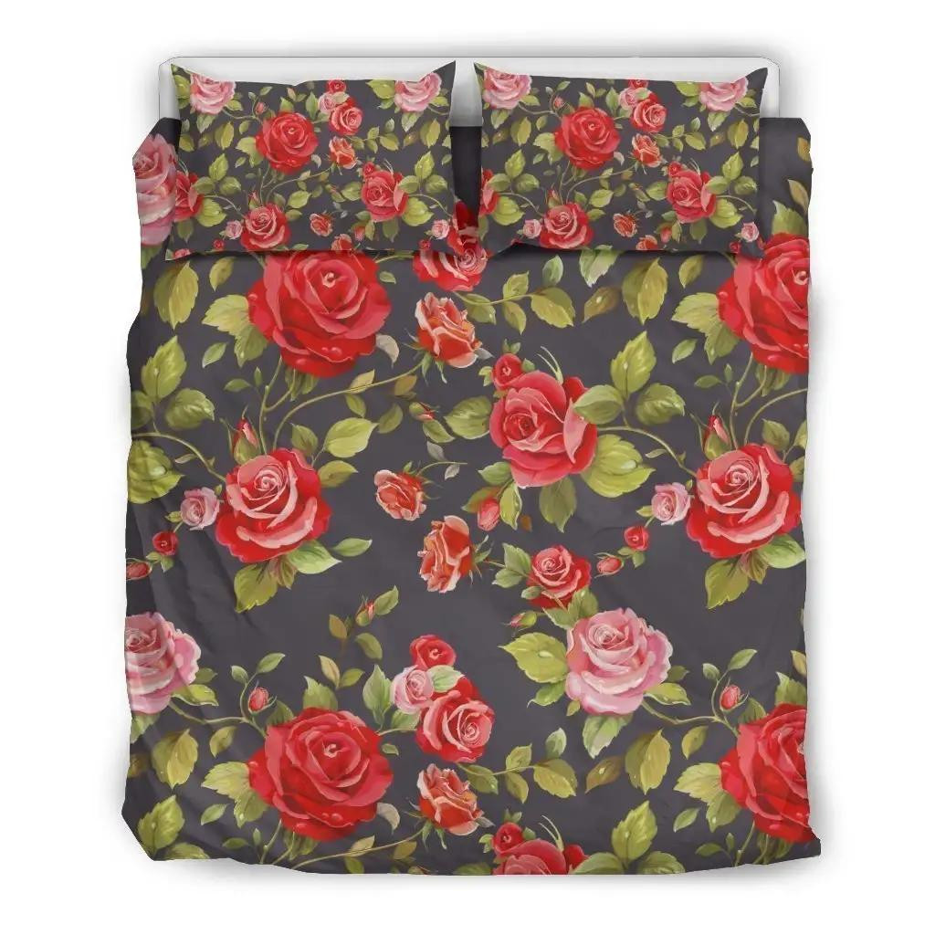 Pink Red Rose Floral Pattern Print Duvet Cover Bedding Set