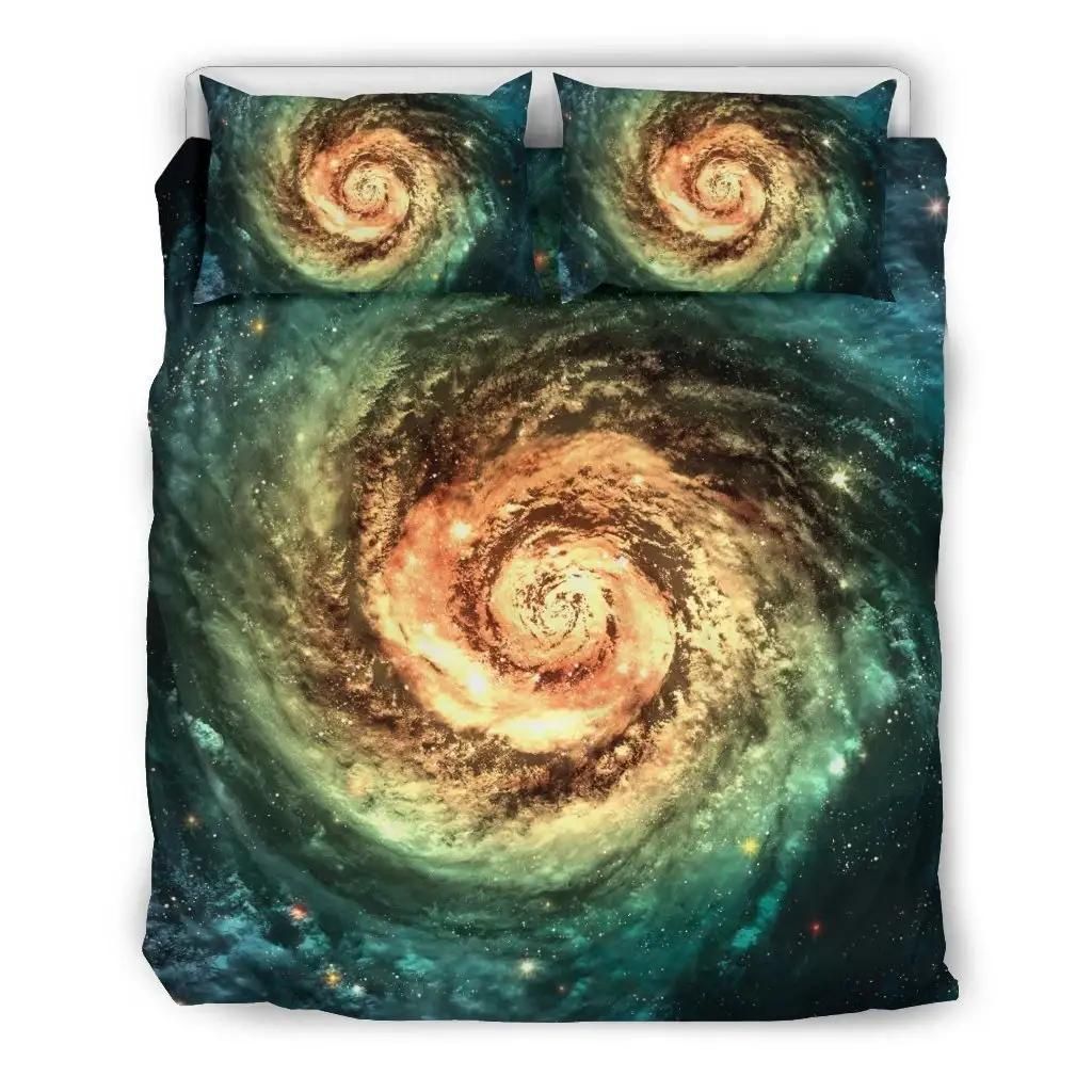Green Yellow Spiral Galaxy Space Print Duvet Cover Bedding Set