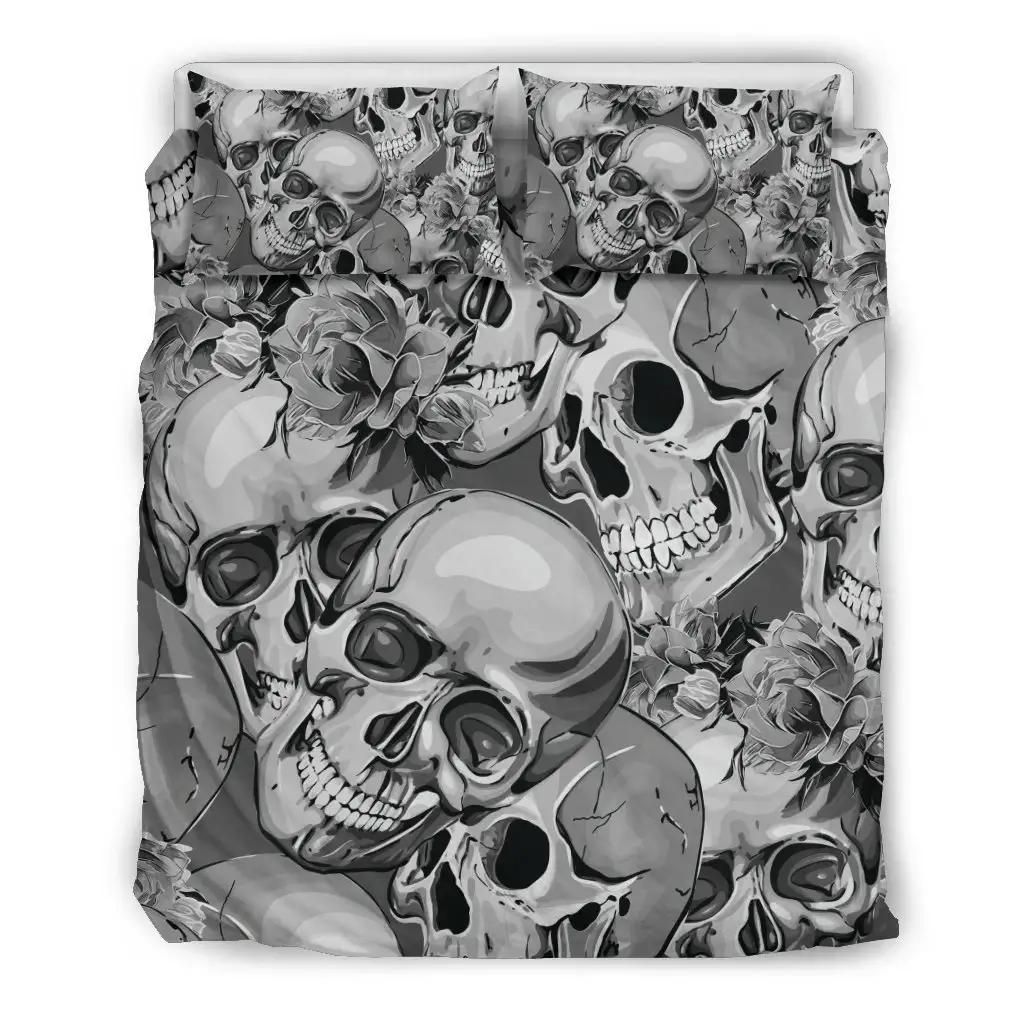 Monochrome Skull Flowers Pattern Print Duvet Cover Bedding Set