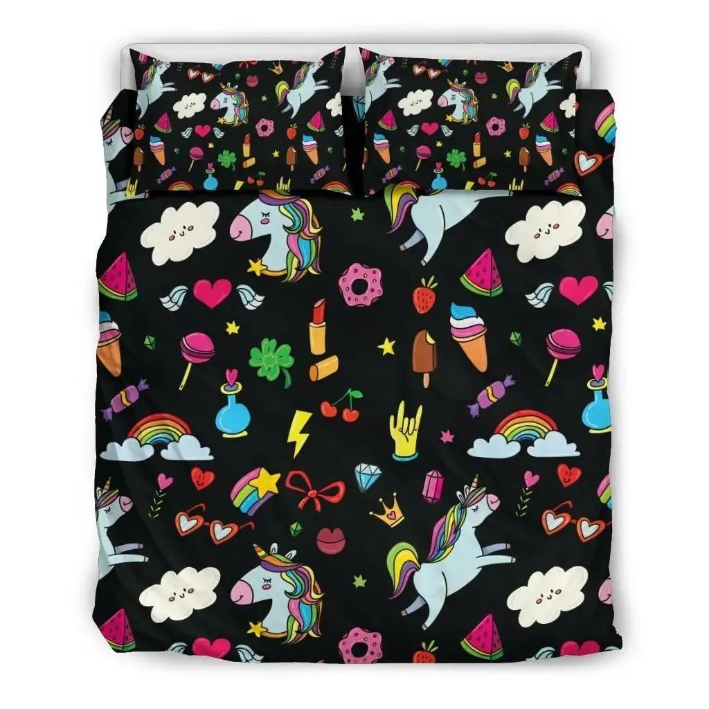 Black Girly Unicorn Pattern Print Duvet Cover Bedding Set
