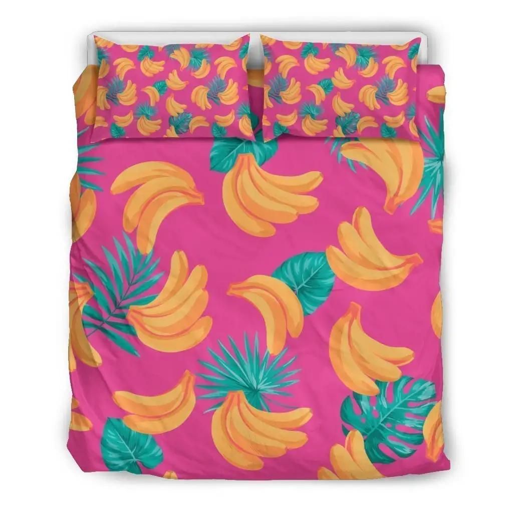 Pink Tropical Banana Pattern Print Duvet Cover Bedding Set
