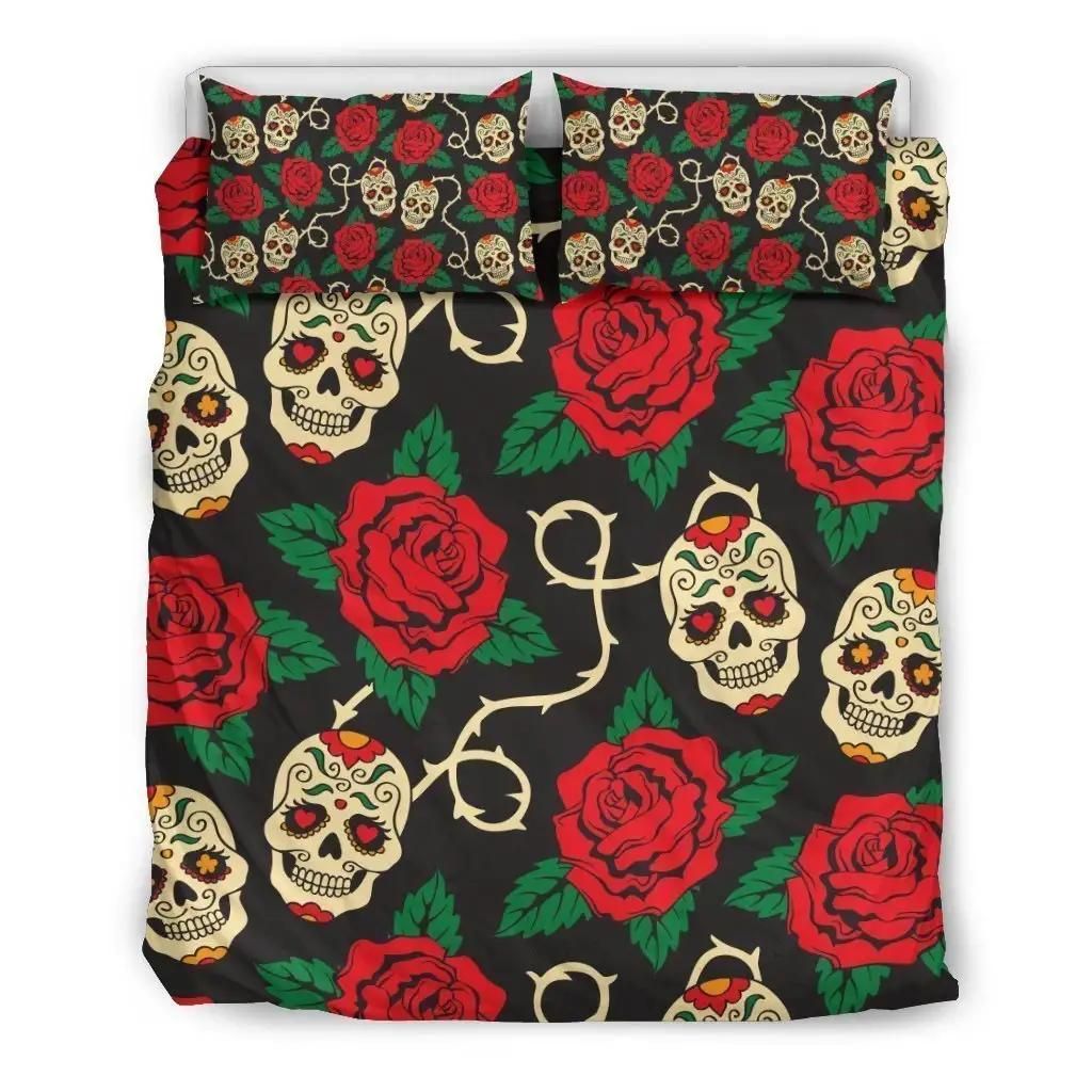 Rose Flower Sugar Skull Pattern Print Duvet Cover Bedding Set