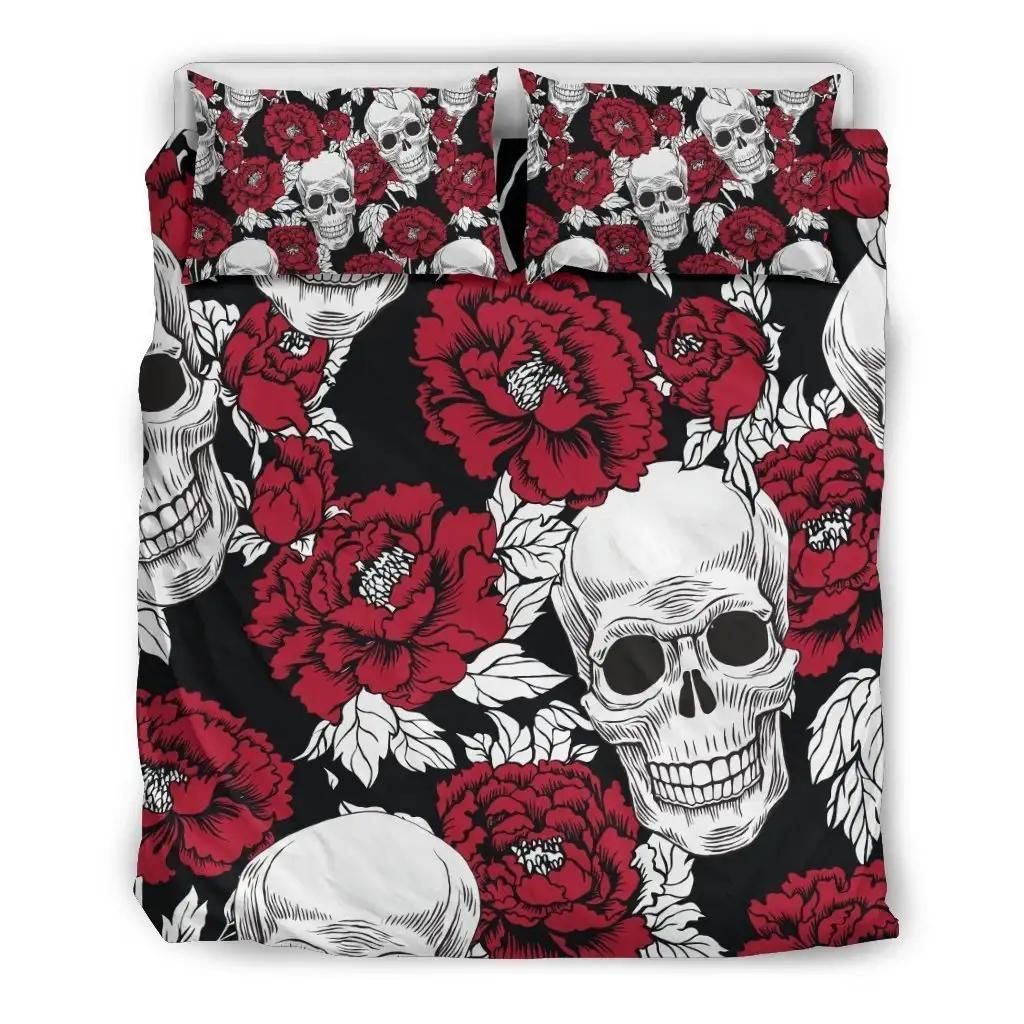Red Peony Skull Pattern Print Duvet Cover Bedding Set