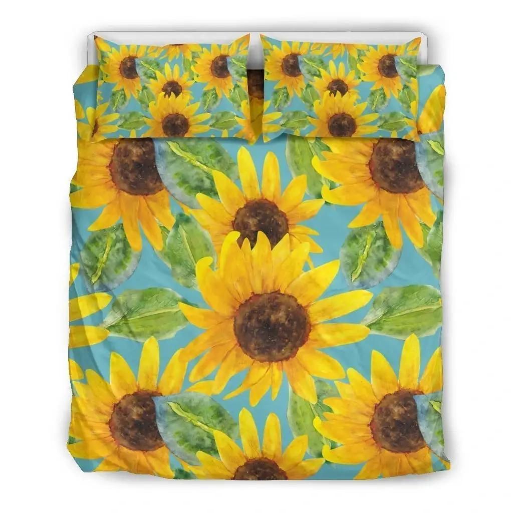 Blue Watercolor Sunflower Pattern Print Duvet Cover Bedding Set