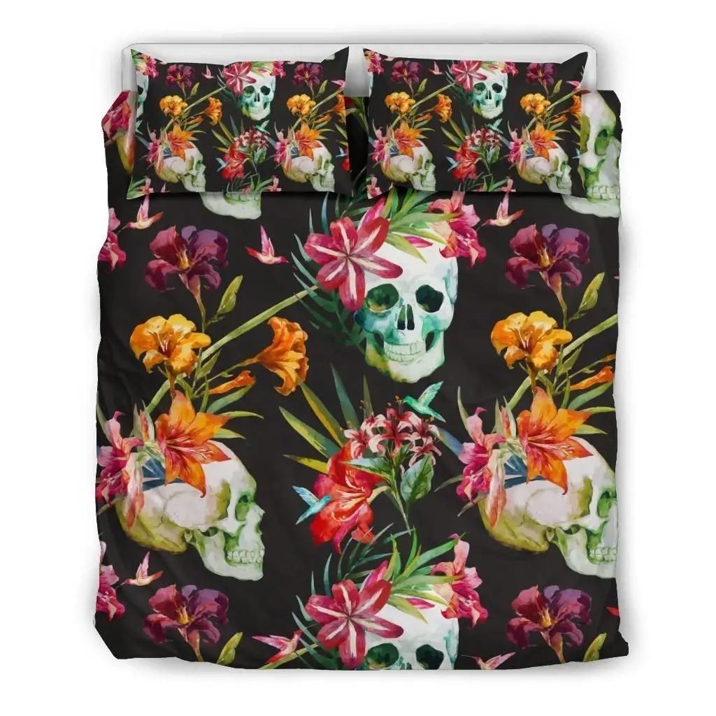 Blossom Flowers Skull Pattern Print Duvet Cover Bedding Set