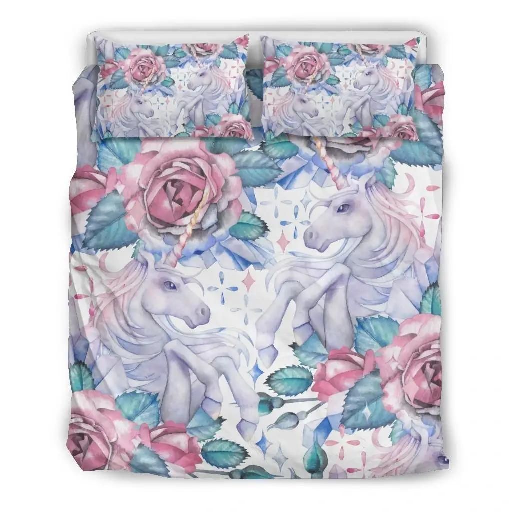 White Fairy Rose Unicorn Pattern Print Duvet Cover Bedding Set