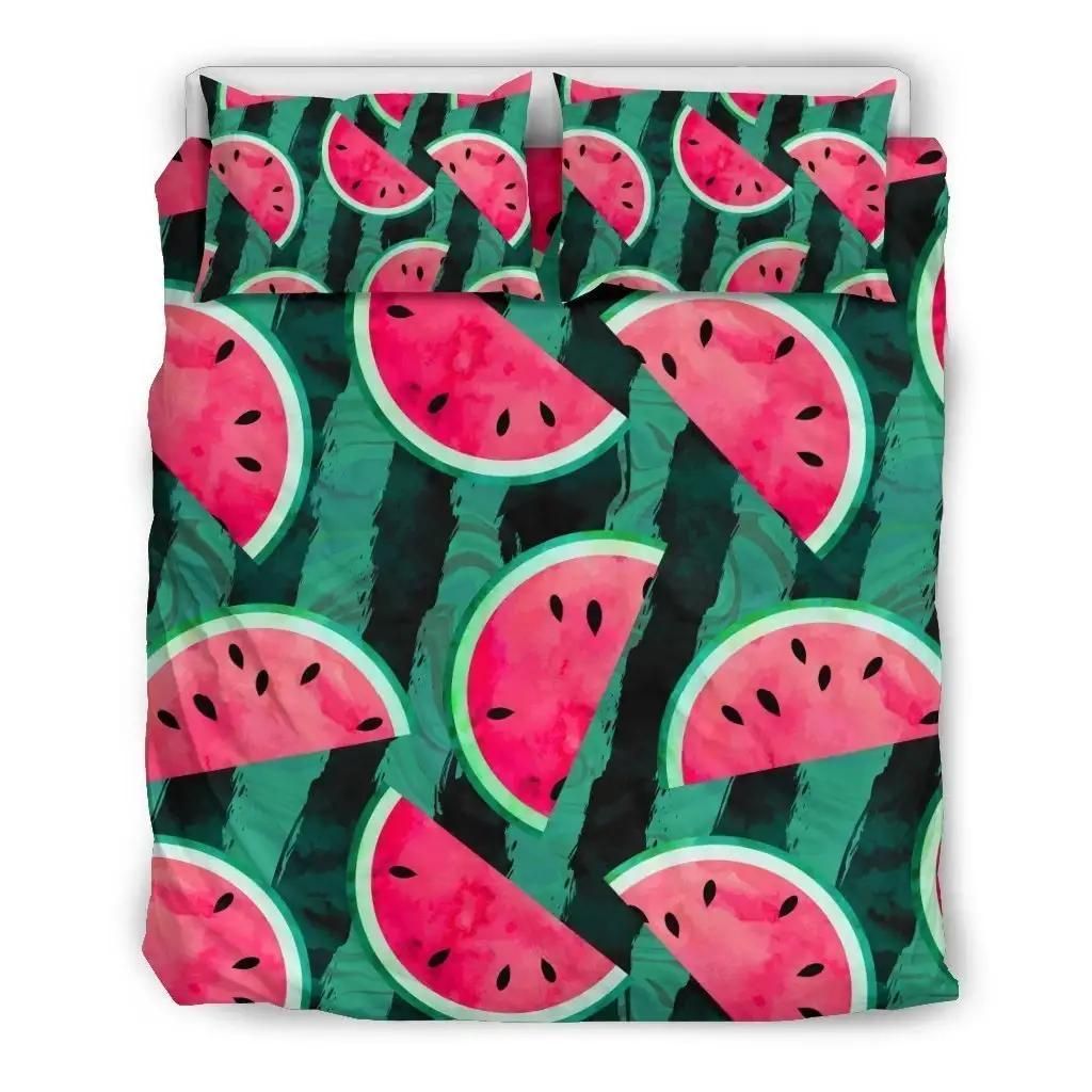 Green Striped Watermelon Pattern Print Duvet Cover Bedding Set