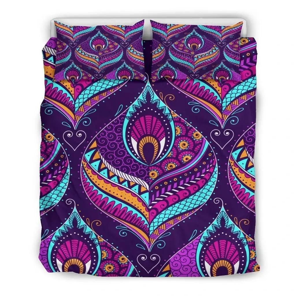 Purple Bohemian Peacock Feather Print Duvet Cover Bedding Set