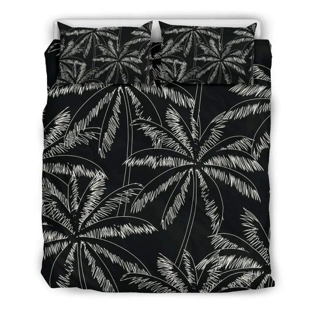 Black White Palm Tree Pattern Print Duvet Cover Bedding Set