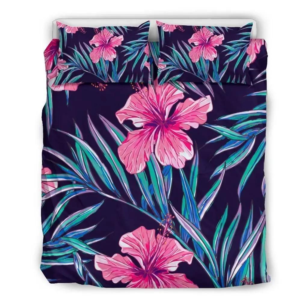Teal Tropical Hibiscus Pattern Print Duvet Cover Bedding Set