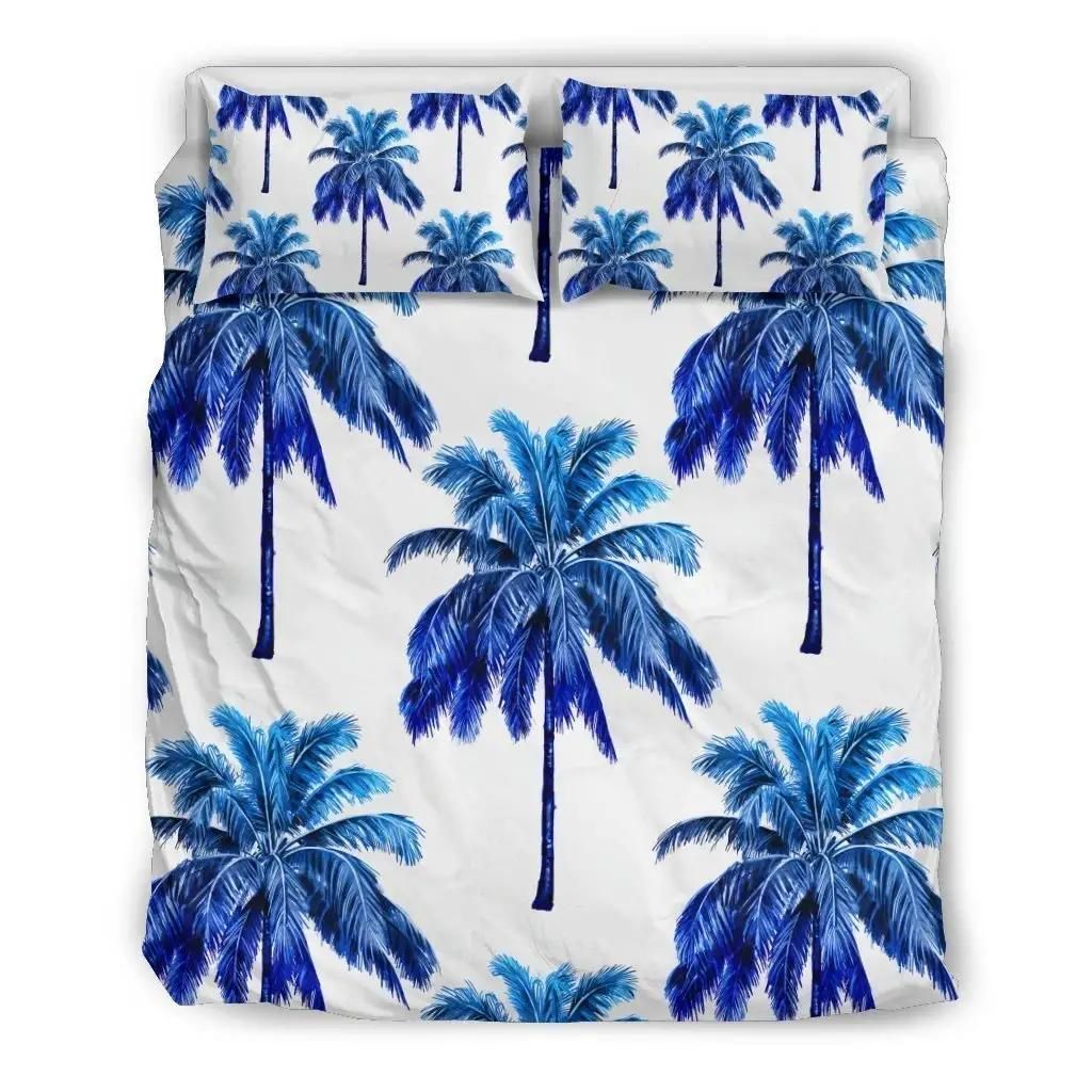 Blue Palm Tree Pattern Print Duvet Cover Bedding Set