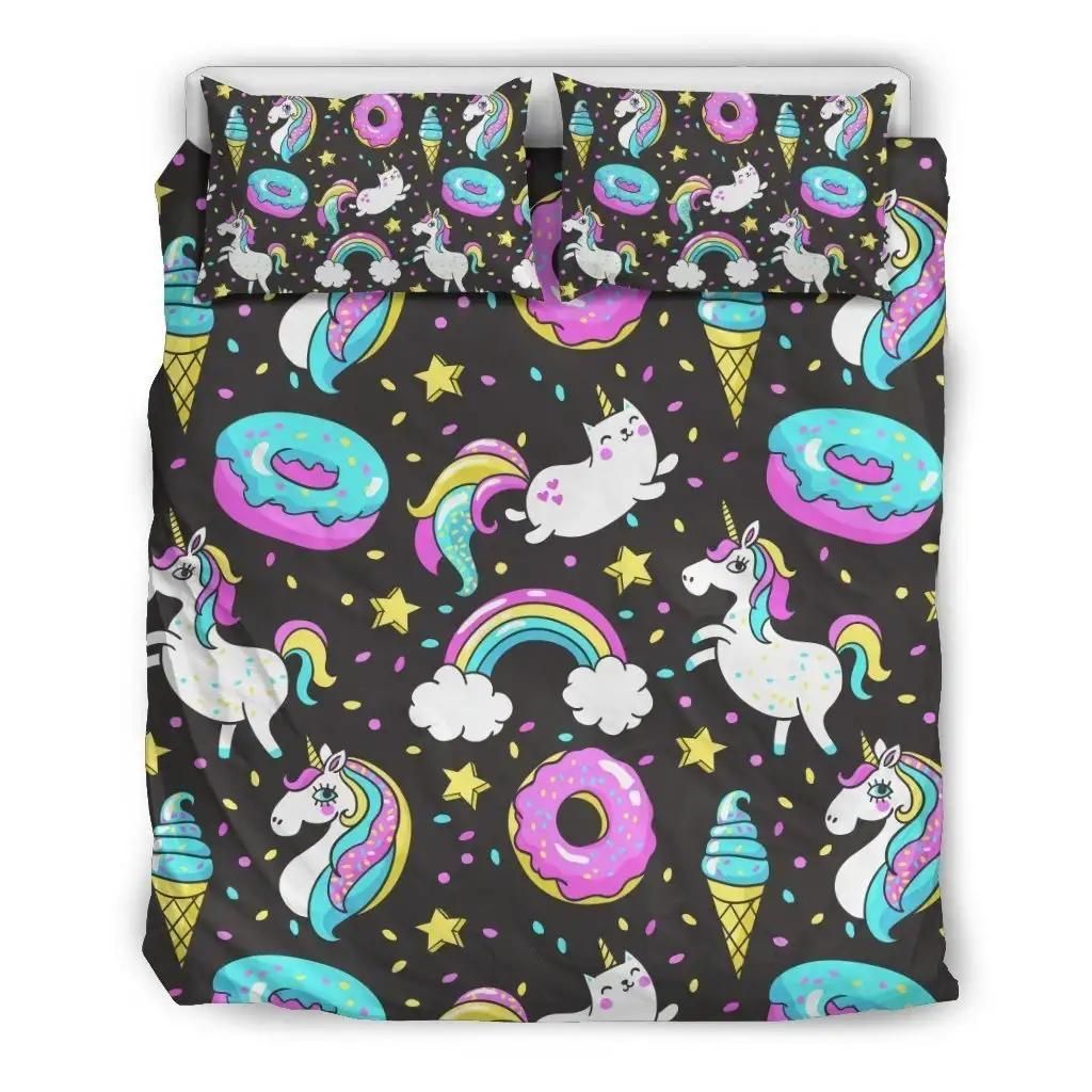 Girly Unicorn Donut Pattern Print Duvet Cover Bedding Set