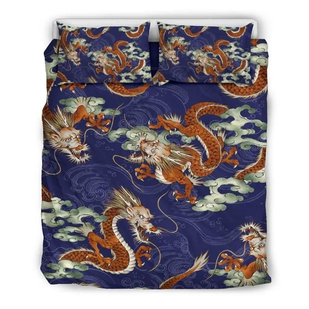 Orange Japanese Dragon Pattern Print Duvet Cover Bedding Set