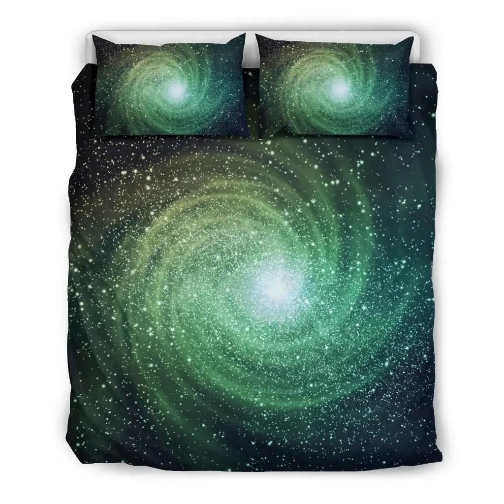Bright Green Spiral Galaxy Space Print Duvet Cover Bedding Set