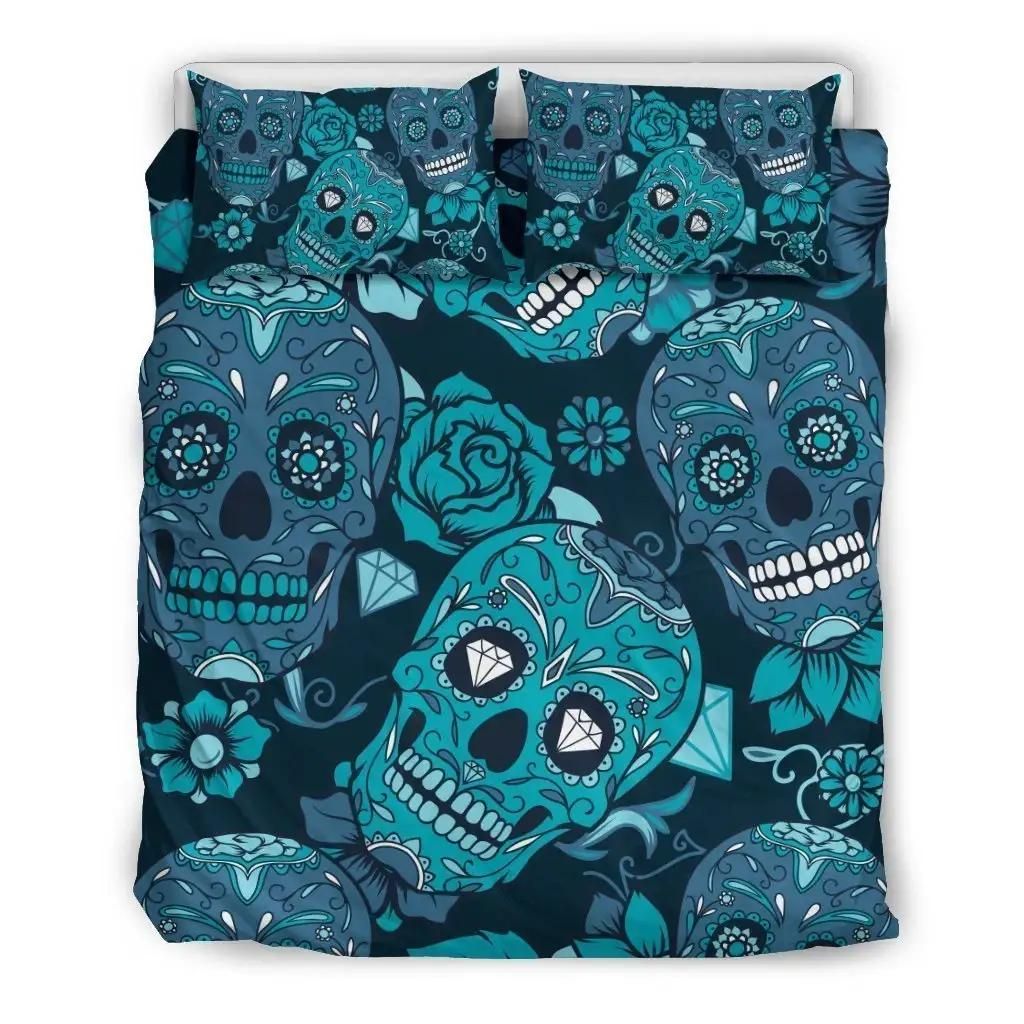 Teal Sugar Skull Flower Pattern Print Duvet Cover Bedding Set