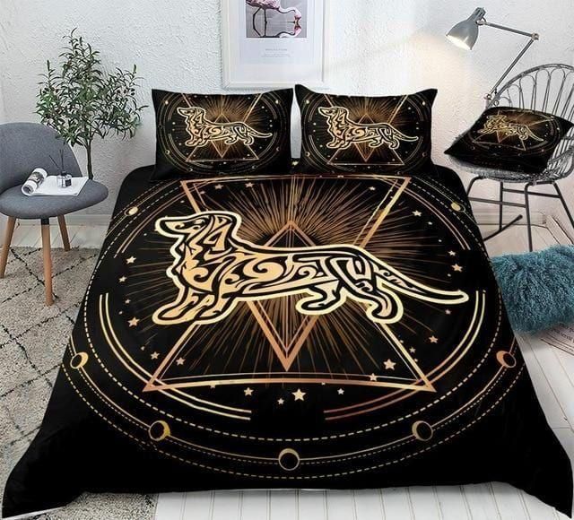Dachshund Geometric Golden Black Bedding Set Duvet Cover