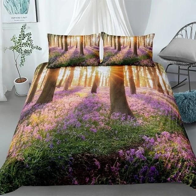 Purple Flowers Forest Landscape Bedding Set Duvet Cover