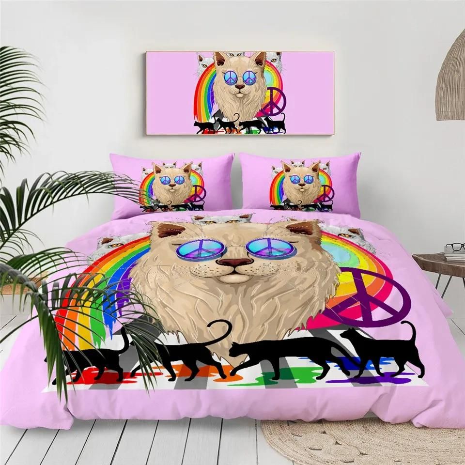 Rainbow Pink Cat Bedding Set Duvet Cover