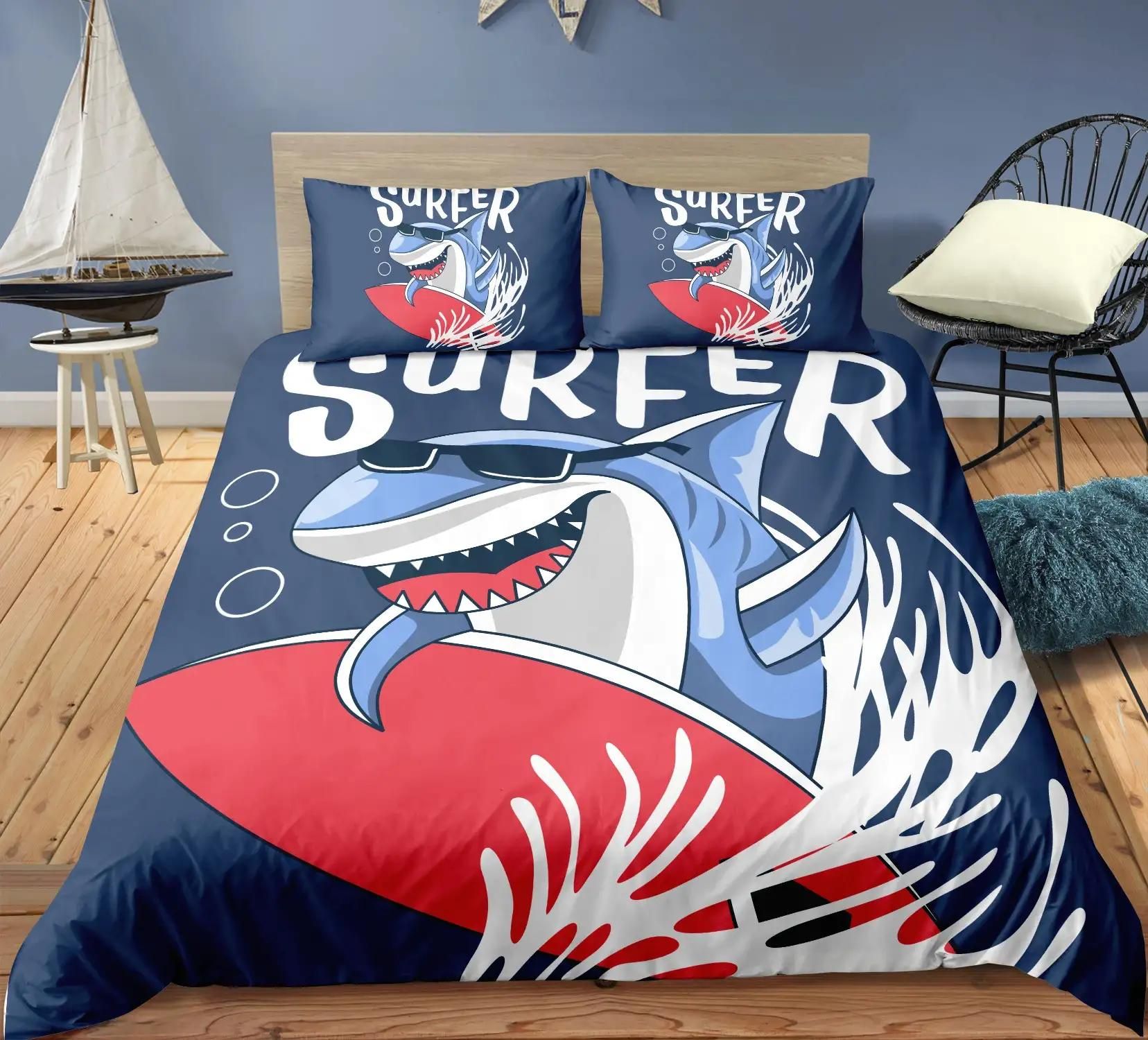 Surfing Shark Bedding Set Duvet Cover