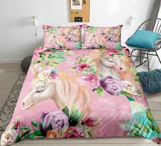Watercolor Floral Unicorn Bedding Set Duvet Cover