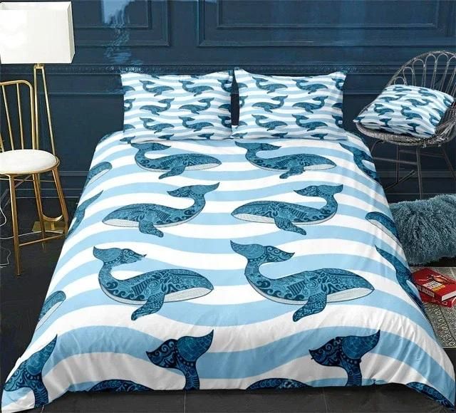 Stripe Blue Whales Bedding Set Duvet Cover