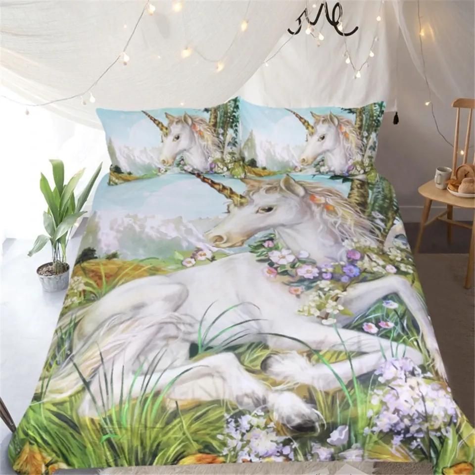 Watercolor Floral Unicorn Bedding Set Duvet Cover