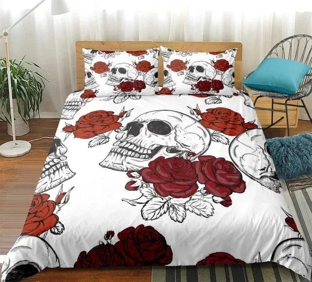White Skull with Roses Bedding Set Duvet Cover