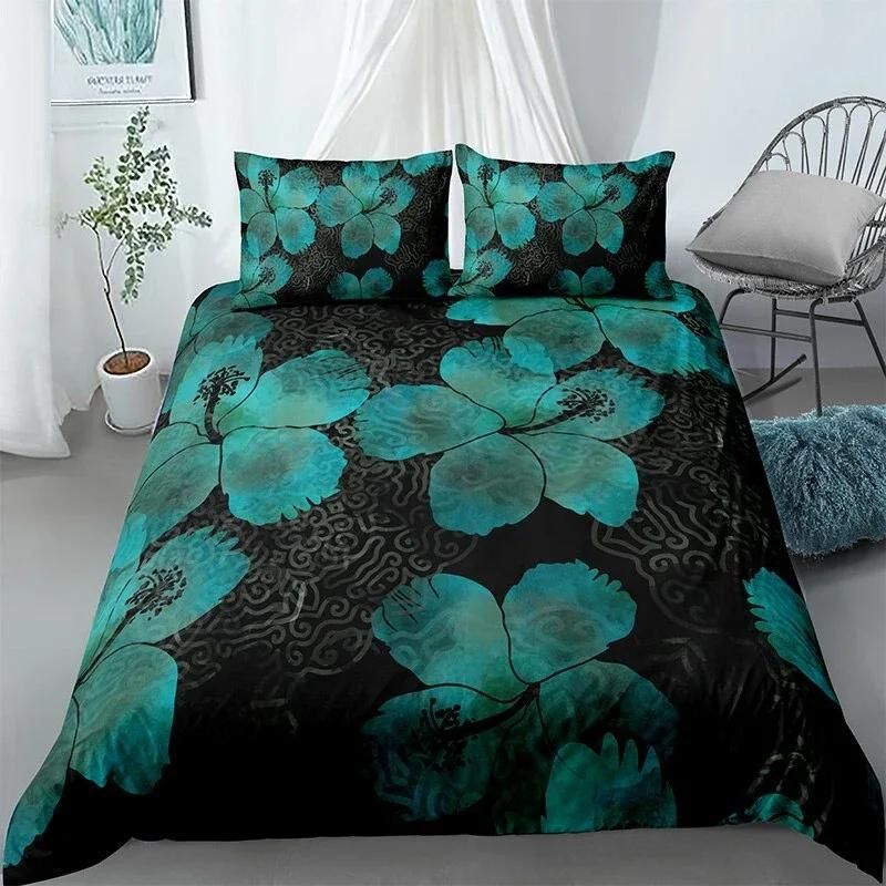 Teal Flower Black Patterns Bedding Set Duvet Cover