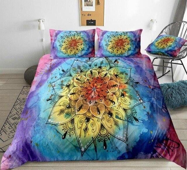 Watercolor Boho Flower Mandala Bedding Set Duvet Cover