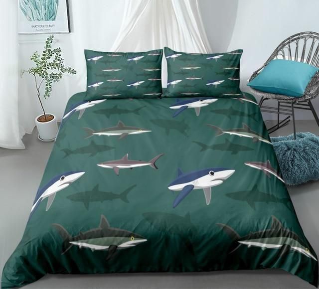 Shark In Ocean Green Bedding Set Duvet Cover