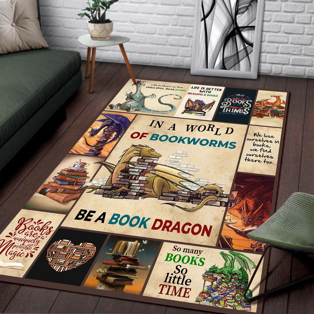 In A World Of Bookworms Be A Book Dragon Funny Book Lovers Area Rug PAN