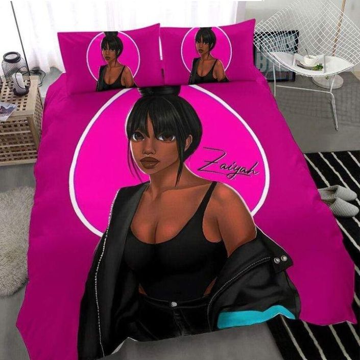 Personalized Black Girl Black Outfit Bedding Custom Name Duvet Cover Bedding Set