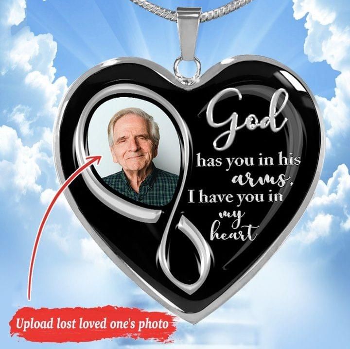 Gift For Dad In Heaven  Personalized Custom Photo God Has You In His Arms Heart Necklace