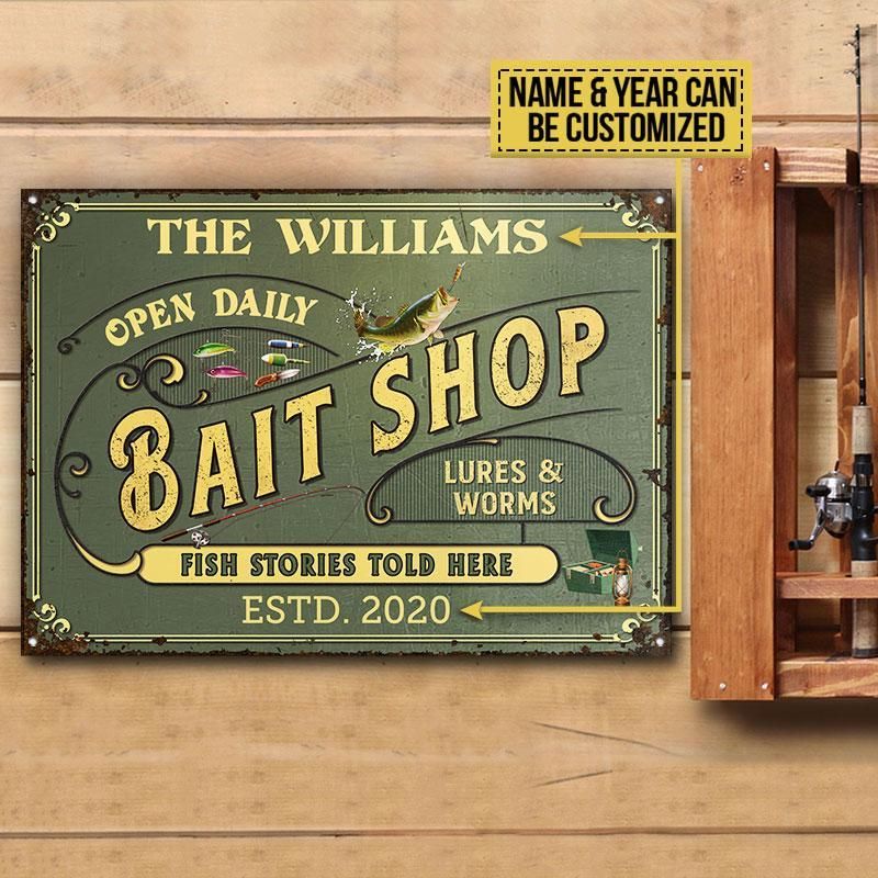 Personalized Fishing Bait Shop Open Daily Customized Classic Metal Signs