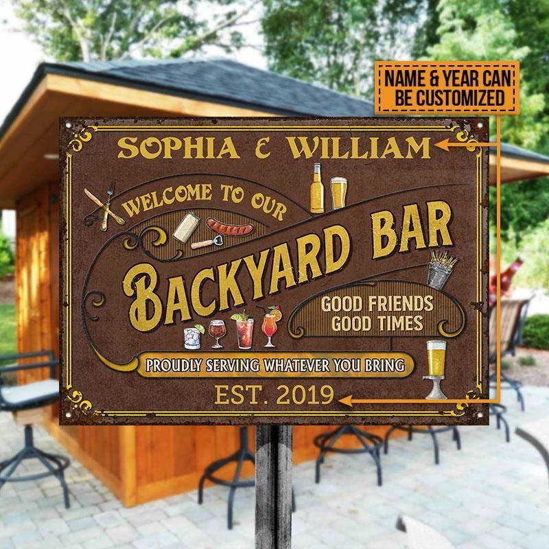 Personalized Backyard Bar Proudly Serving Customized Classic Metal Signs