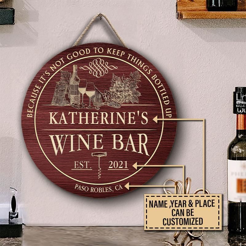 Personalized Wine Bar Bottled Up Customized Wood Circle Sign