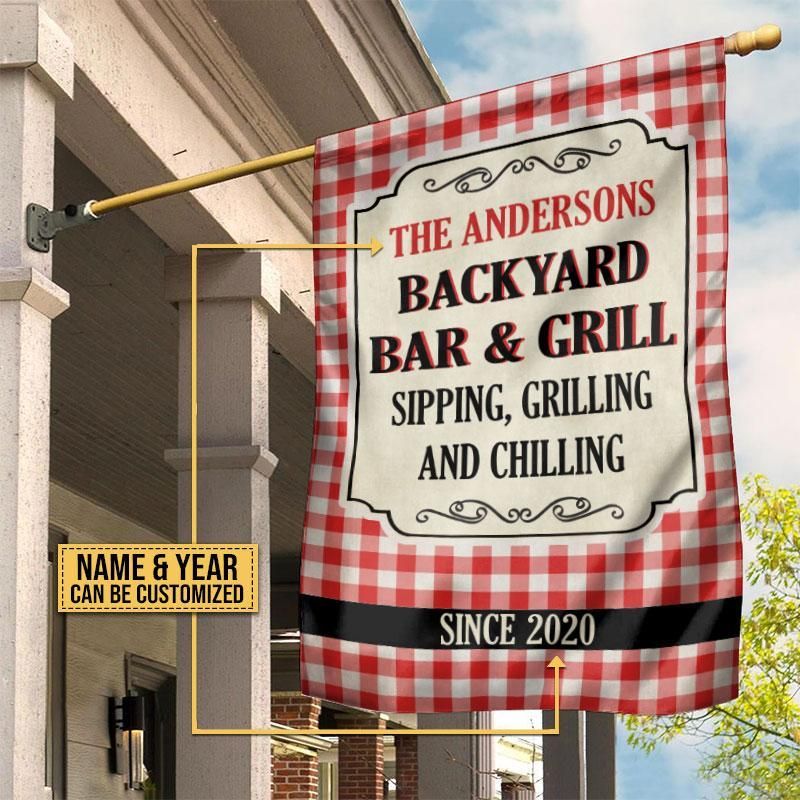 Personalized Grilling Bar & Grill Red Gingham Customized Flag