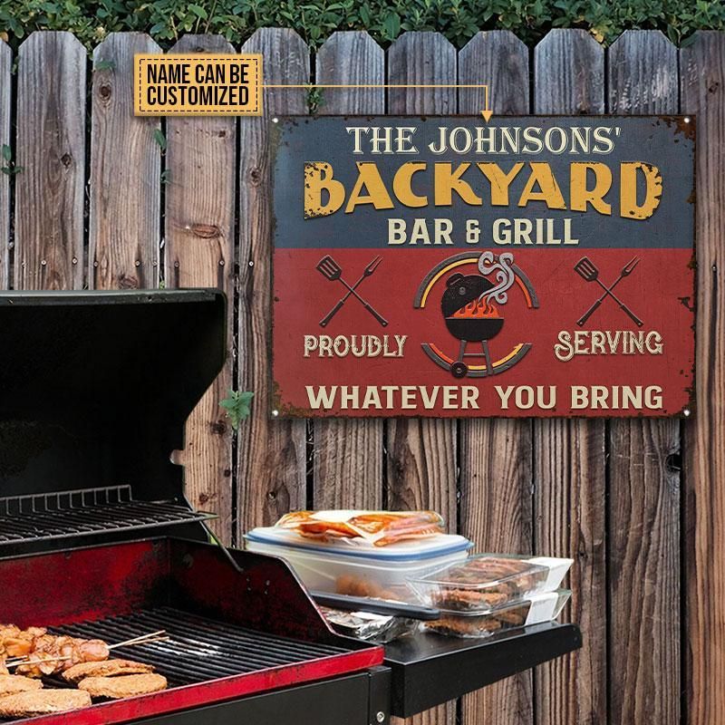 Personalized Grill Backyard Bar & Grill Red Blue Custom Classic Metal Signs